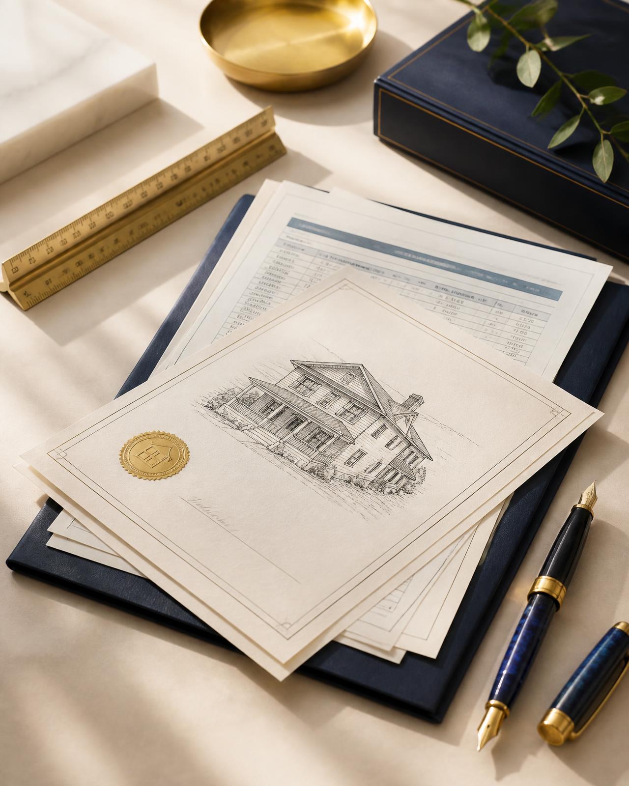 Property records, depreciation schedule and a fountain pen on a desk